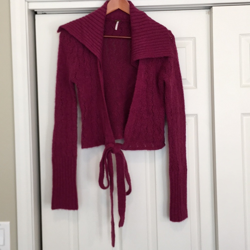 Berry Free People Cropped Wrap Sweater